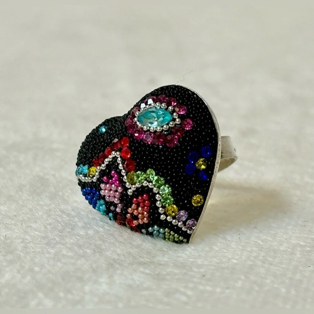 Solid Sterling Silver Micro Mosaic Heart Shaped Ring Size 7 - Picture 3 of 11
